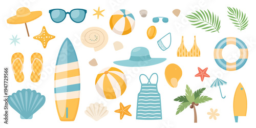 A colorful vector illustration of various beach icons and symbols