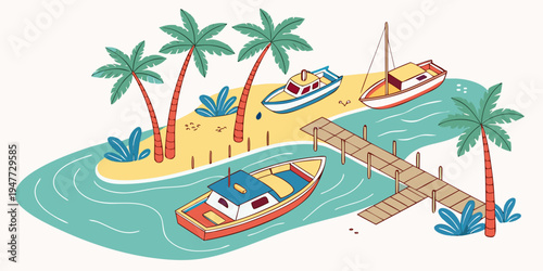 A tropical island with boats and palm trees Vector