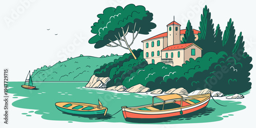 A large house on a hill overlooking boats on the water Vector