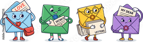 Four Anthropomorphic Envelopes With Faces Expressing Different Emotions And Holding Letters