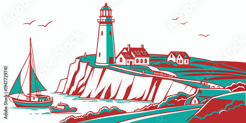 A lighthouse on a rocky coastline with a sailboat Vector