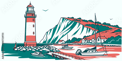 A red and white lighthouse on a rocky coastline Vector