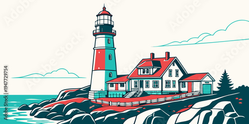 A colorful lighthouse on a rocky coastline Vector