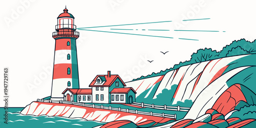 A red and white lighthouse on a rocky cliffside Vector