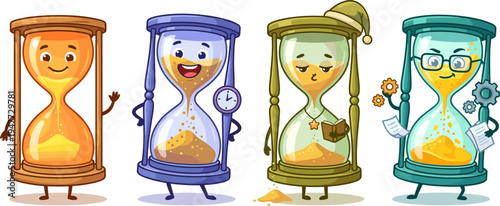 Four Anthropomorphic Hourglasses Depicting Different Emotions And Activities With Sand Inside And White Background