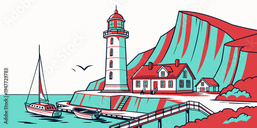 A colorful lighthouse on a rocky coastline by the sea Vector