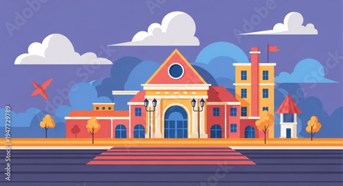 Colorful illustration of a grand building with a large entrance and steps.