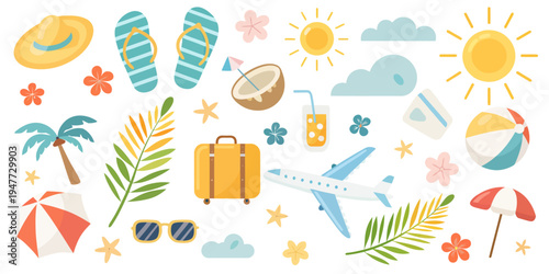 A colorful vector graphic illustration of various summer vacation icons and symbols