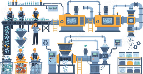 Plastic Recycling Plant Process with Workers, Sorting Conveyor, Shredding Machines, and Waste Processing System