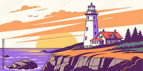 A lighthouse on a cliff overlooking the ocean at sunset Vector