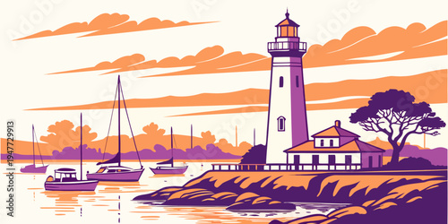 A lighthouse on a rocky shore with a boat in the water Vector