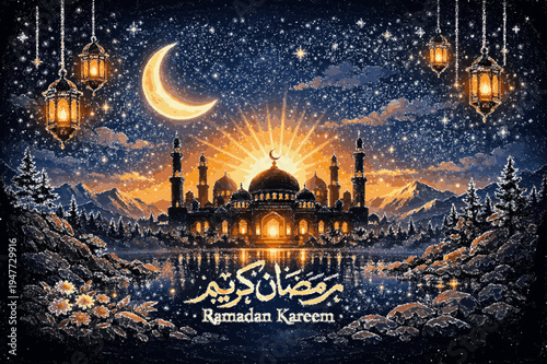 Majestic Mosque Under Starry Night Sky with Crescent Moon and Lanterns