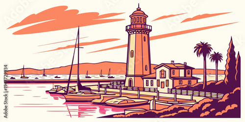 A lighthouse on a rocky coastline with palm trees Vector