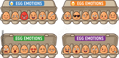 Four Cartons of Eggs Displaying Diverse Emotions and Facial Expressions