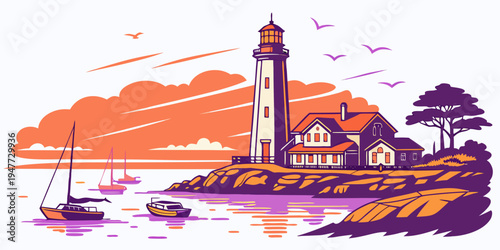 A lighthouse on a rocky coastline at sunset Vector