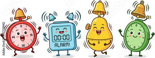 Four Cartoon Alarm Clocks Ringing and Dancing on a White Background