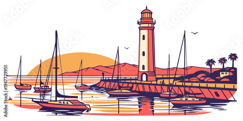 A lighthouse on a rocky coastline with boats Vector