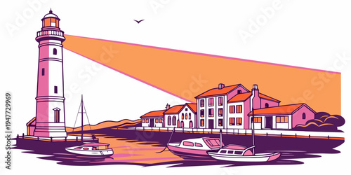 A lighthouse on a rocky coastline near buildings Vector