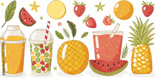 A colorful vector illustration of various fruits and drinks, including juice bottles and glasses, surrounded by leaves and stars.
