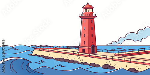A red lighthouse on a small island in the ocean Vector