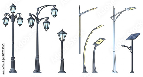 Collection of diverse street lights and lampposts.