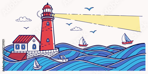 A red lighthouse on a rocky coastline with a beam of light shining out to sea Vector