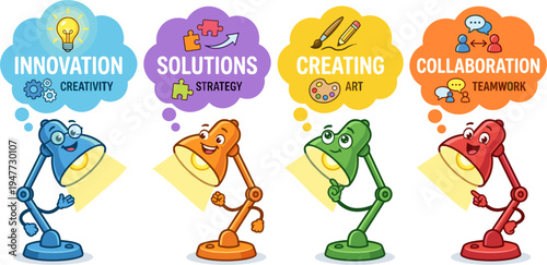Four Cartoon Desk Lamps Illustrate Innovation Solutions Creating Collaboration Concepts
