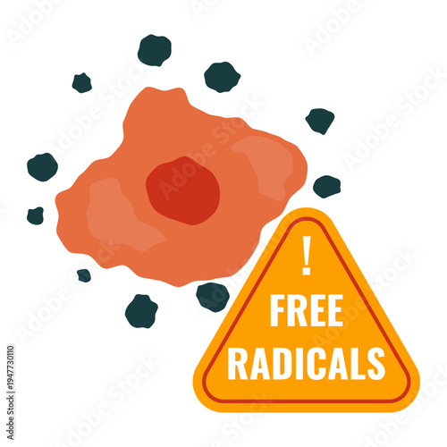 Free radicals attack sign over damaged cell. Medical vector illustration.