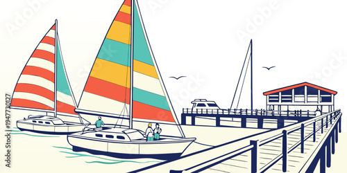 Sailboats are moored at a dock with a colorful sail Vector