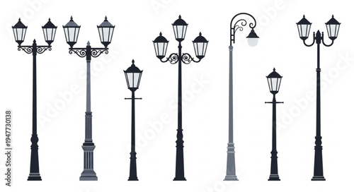 Collection of ornate vintage street lamps in silhouette.