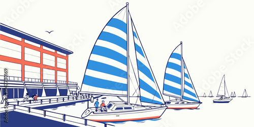 Sailboats with blue and white striped sails on the water Vector
