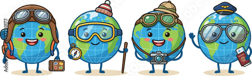 Four Cartoon Earth Characters Dressed For Travel Adventures