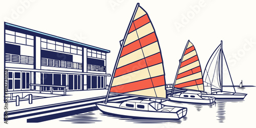 Sailboats with red and white striped sails Vector