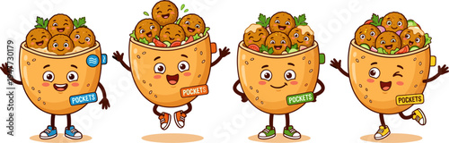 Four Cartoon Falafel Wraps Characters Dancing Joyfully Isolated White Background