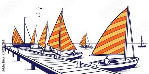 A group of sailboats with orange sails on a dock Vector