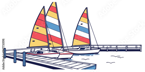 A catamaran sailboat with colorful sails on the water Vector