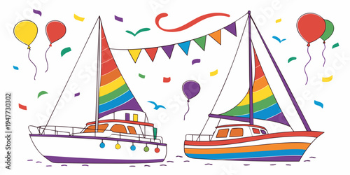 Two sailboats with rainbow sails and colorful balloons Vector