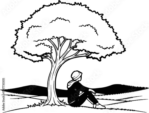 Person sitting under a large tree contemplating the distant hills