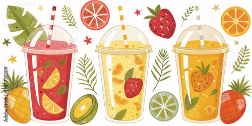 A colorful illustration of three fruit smoothies with straws and various fruits around them
