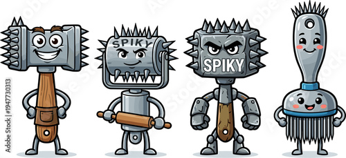Four Cartoon Meat Tenderizers and Brush with Faces and Spikes and Rolling Pin