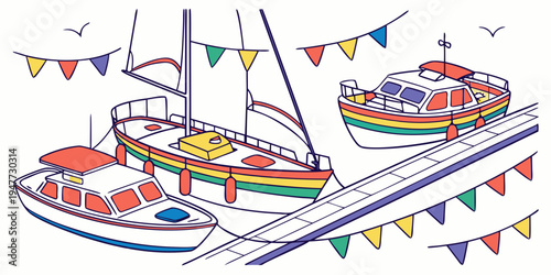 Colorful boats are docked at a pier with flags Vector