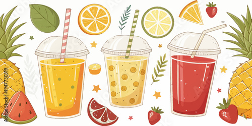 A colorful vector illustration of three fruit drinks with straws and various fruits around them