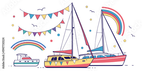 A colorful sailboat with a rainbow and bunting Vector