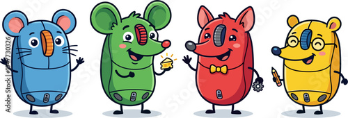 Four cartoon mice friends blue green red yellow in pixel art style holding cheese and pencil