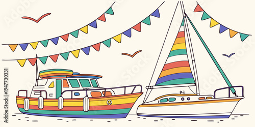 A colorful sailboat and a party boat with bunting Vector