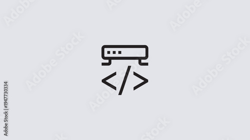 A minimalist icon of a computer server with coding symbols, representing web development and technology.