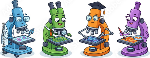 Four Cartoon Microscopes With Faces And Hands Looking At Slides