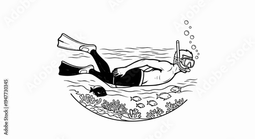 Person snorkeling underwater amidst coral reefs and small fish
