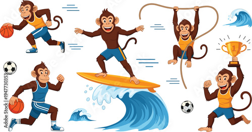 Cute Cartoon Monkey Playing Sports Set with Basketball, Soccer, Surfing, Jump Rope and Winner Trophy Funny Animal Vector Illustration