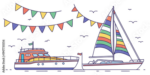 A colorful sailboat and a ferry with a string of flags Vector